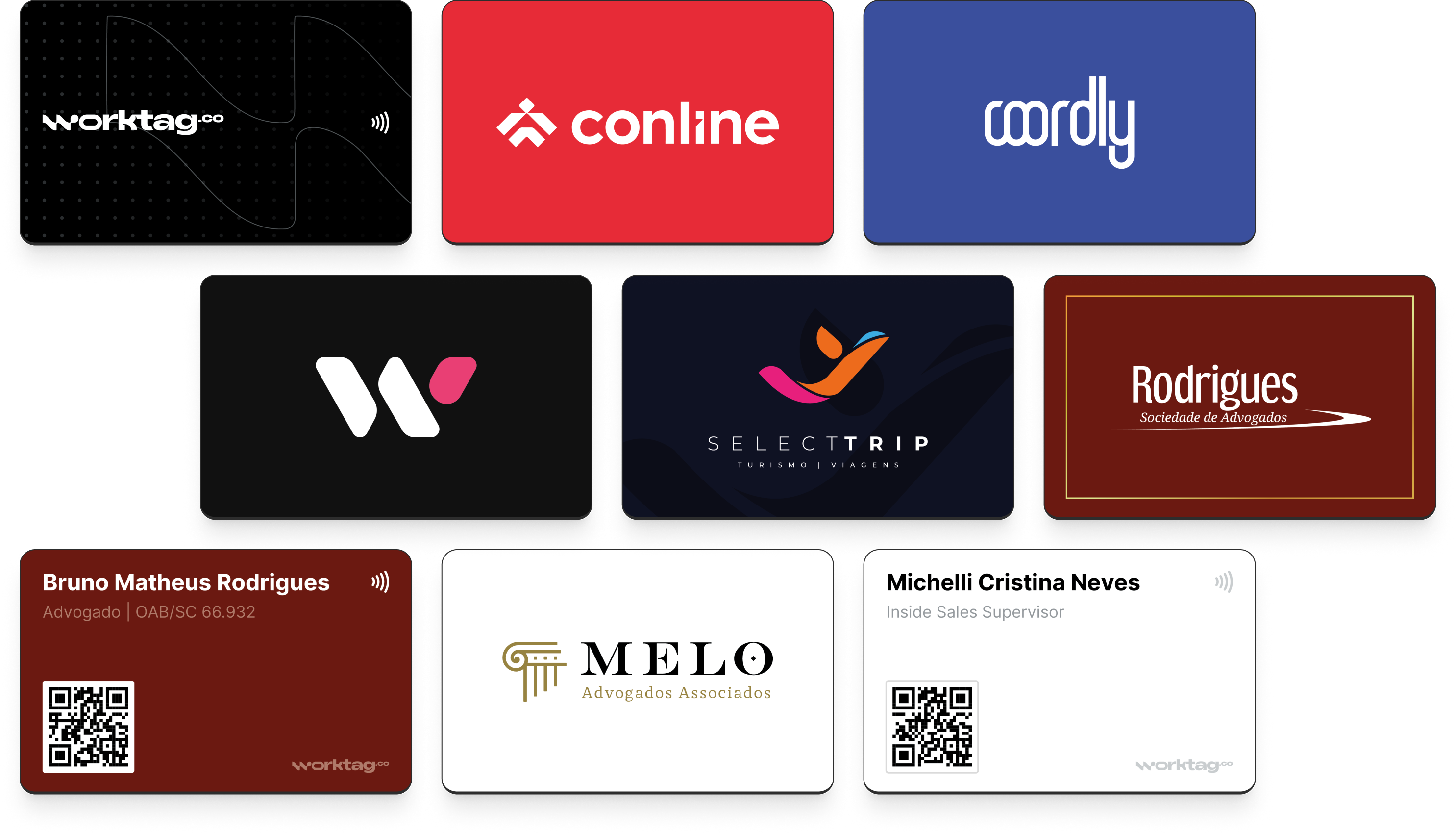 Modelos de cartão worktag em diferentes cores e acabamentos